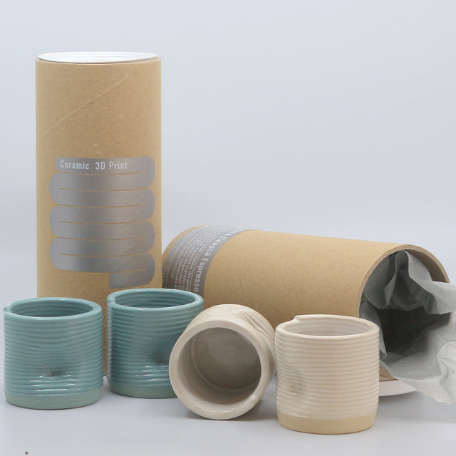 doua seturi a câte două cești pentru cafea scurtă din ceramică imprimată 3D culoarea alb și turcoaz
